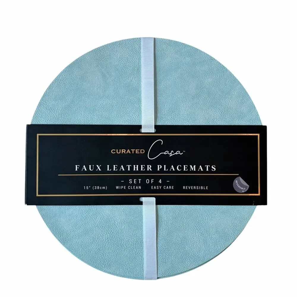 4pc Curated Casa Faux Leather Reversible Placemats 15in Blue & Cream Pebbled
